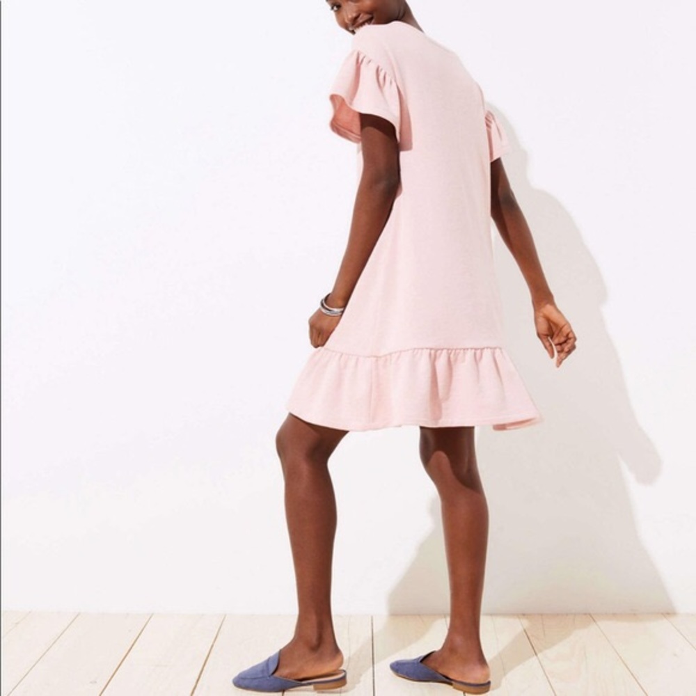 NWT Loft pink sweatshirt dress with flounce trim sleeves and hemline - Picture 2 of 9